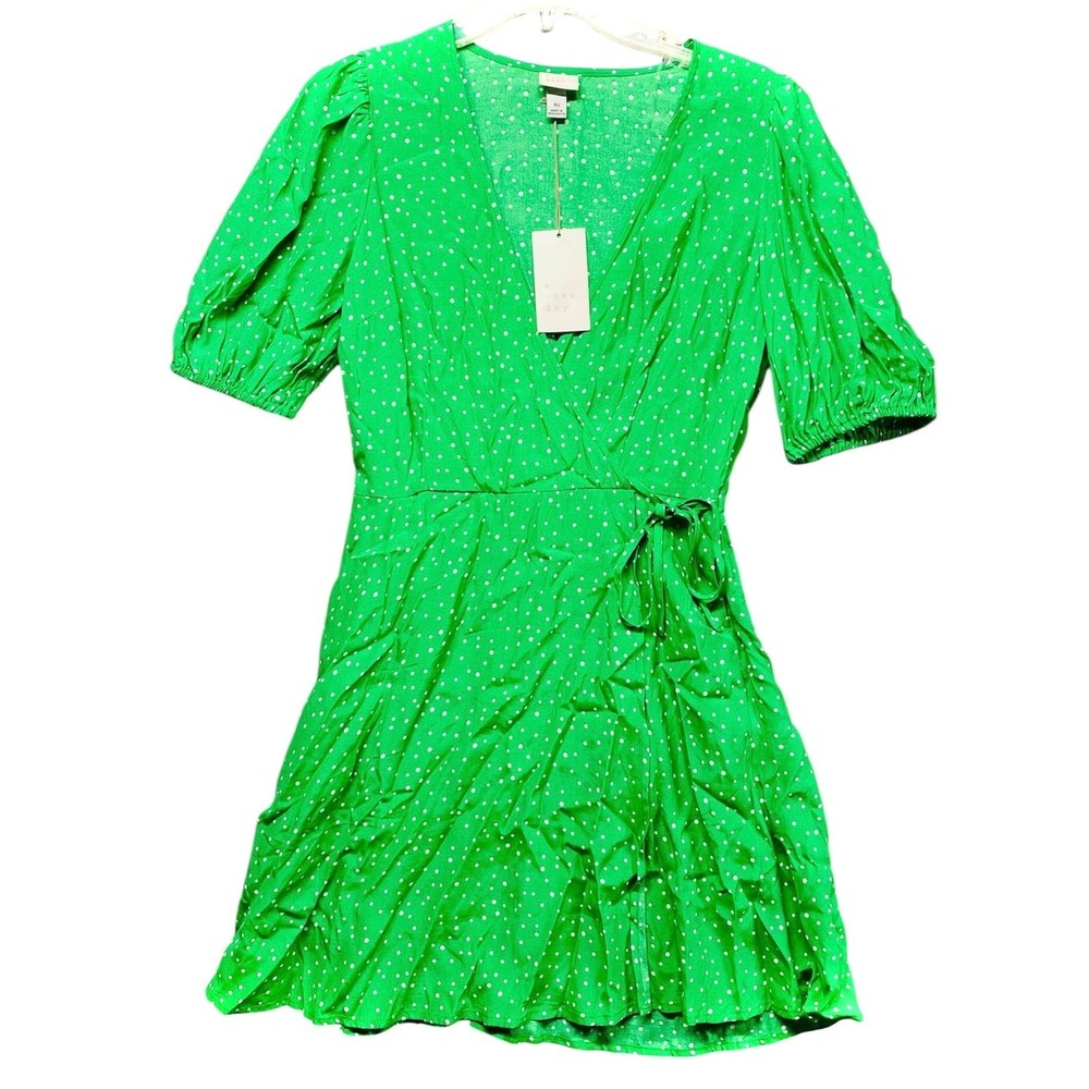 A New Day Green Polka Dot Wrap Dress Short‎ Sleeve XS Womens